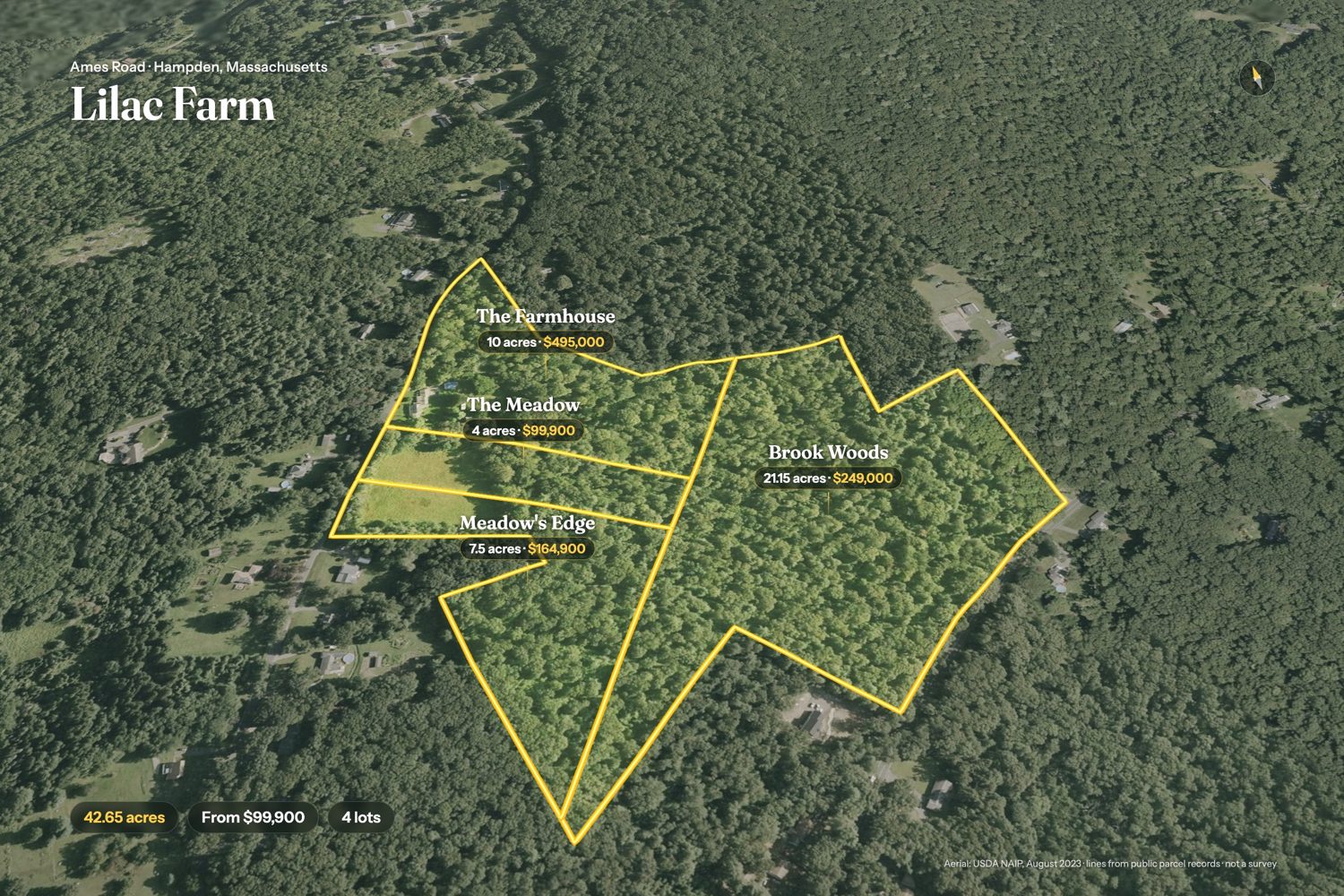 Lilac Farm from a three-quarter view, four lots outlined in gold with their acres and prices